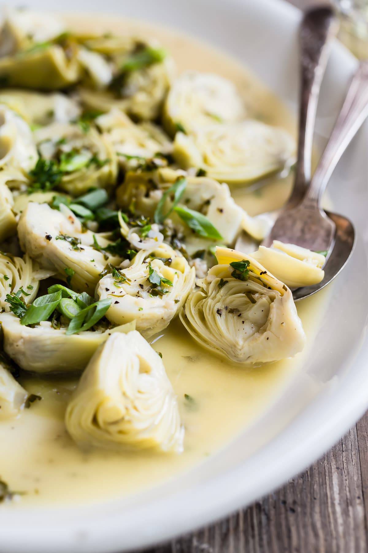 Artichoke Hearts in White Wine Butter Sauce | Foodness Gracious
