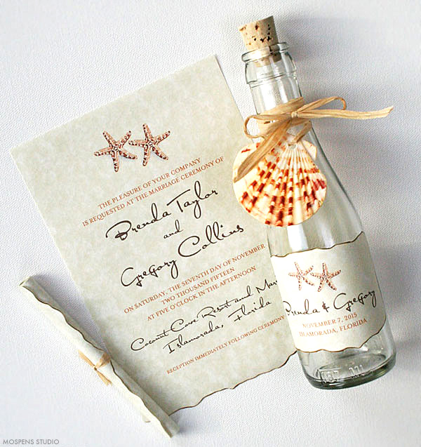 Watercolor Starfish Beach Bottle Wedding Invitations | Mospens Studio
