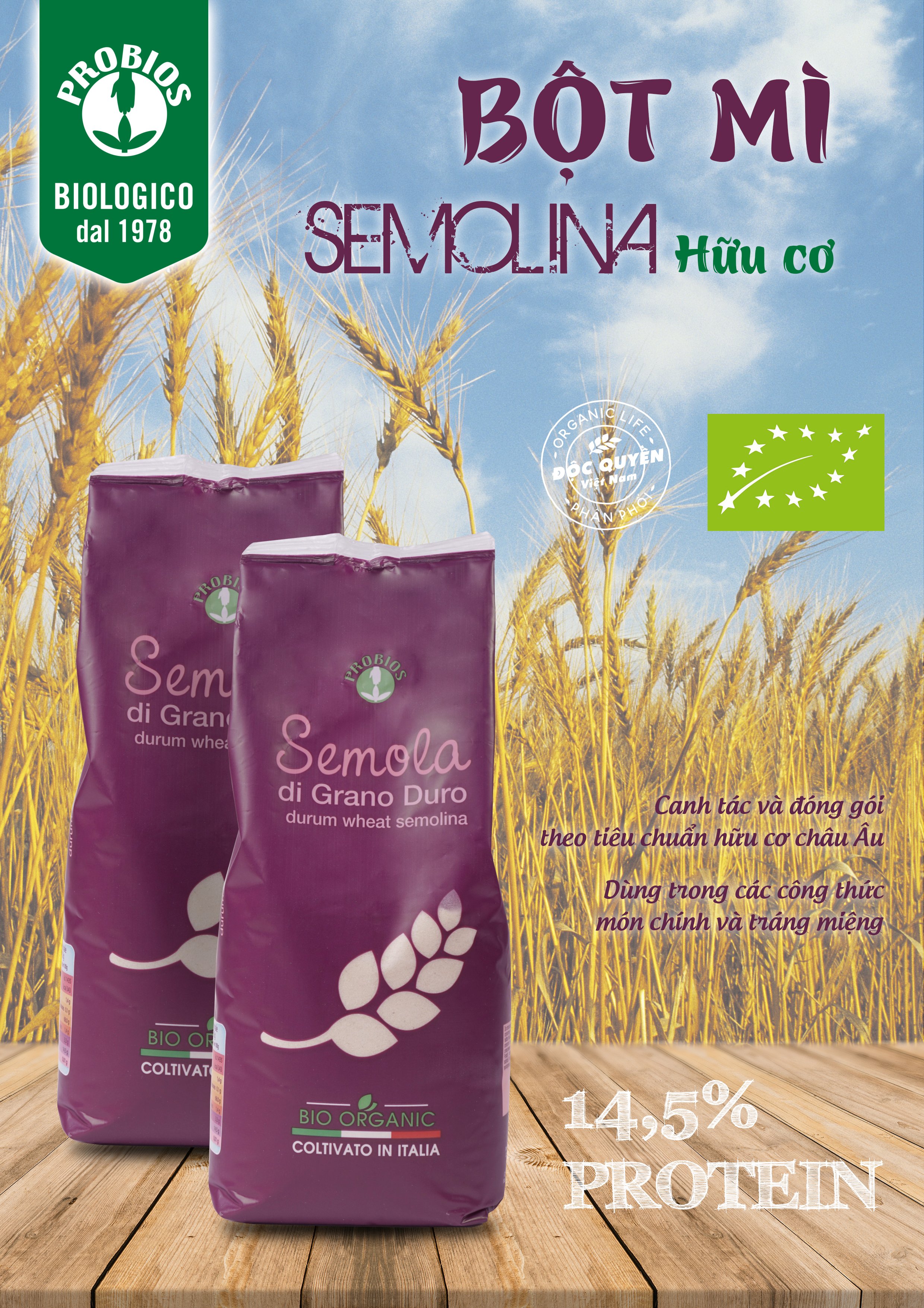 Bột mì Semolina hữu cơ 1kg ProBios Orgnaic Durum Wheat Semolina | OrganicShop | Tiki