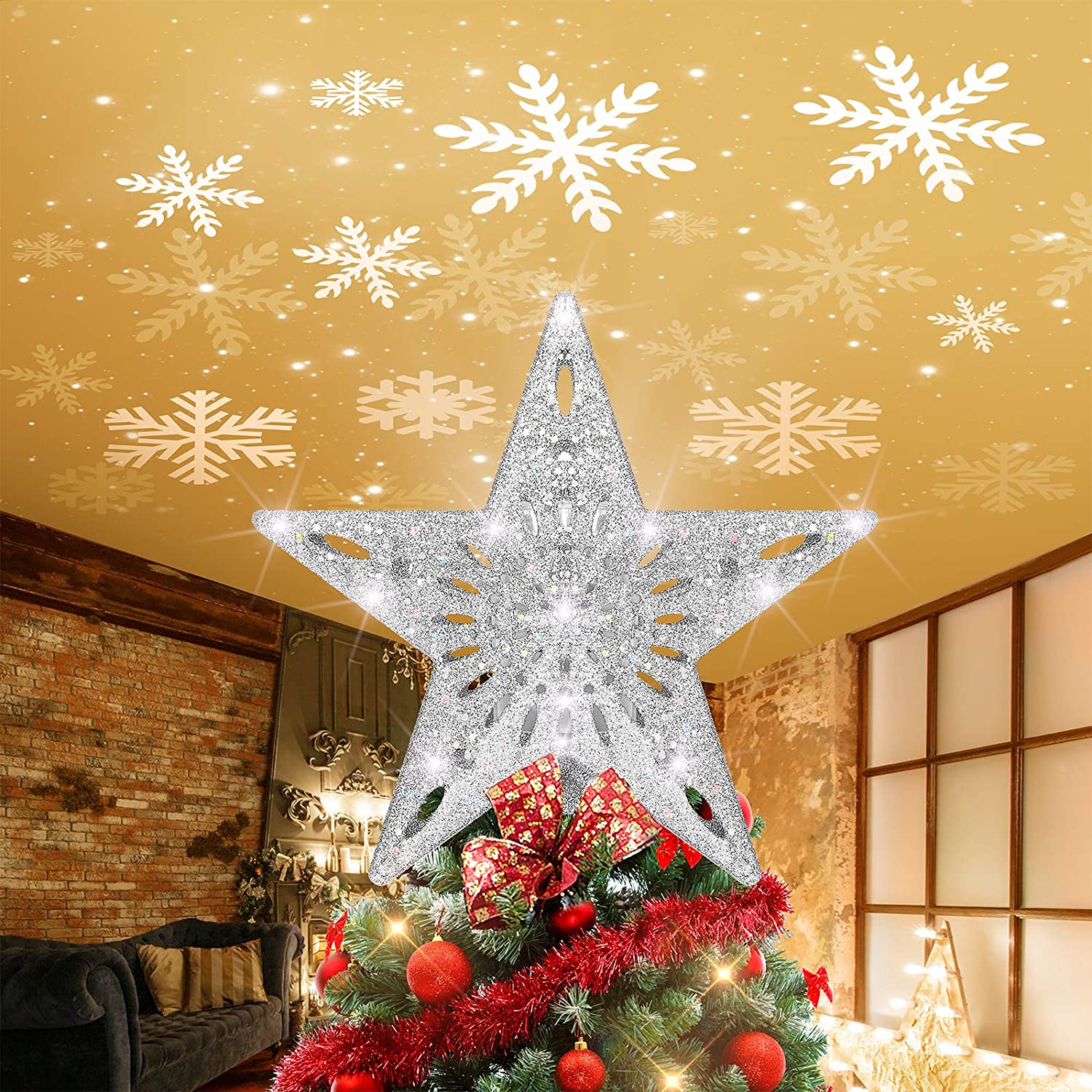 Amazon.com: VSATEN Christmas Tree Star Topper Lighted with LED Rotating  White Snowflake Projector Lights, Glitter Hollow Silver Star Snow Tree  Topper for Xmas Christmas Tree Decorations - Silver : Home &amp; Kitchen