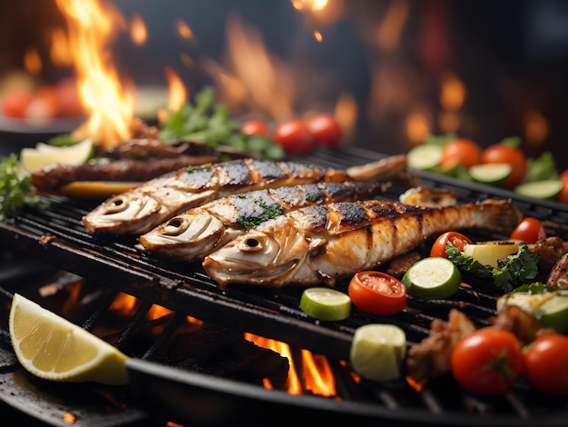 Premium Photo | Barbeque grill with delicious grilled fish and vegetables on blurred party background
