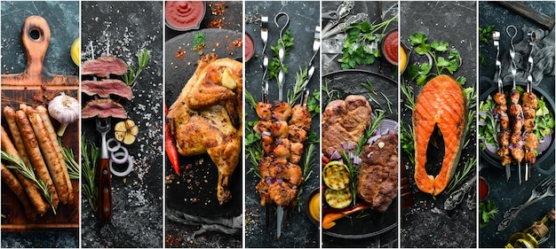 Premium Photo | Photo collage BBQ Barbecue steaks and seafood on black background