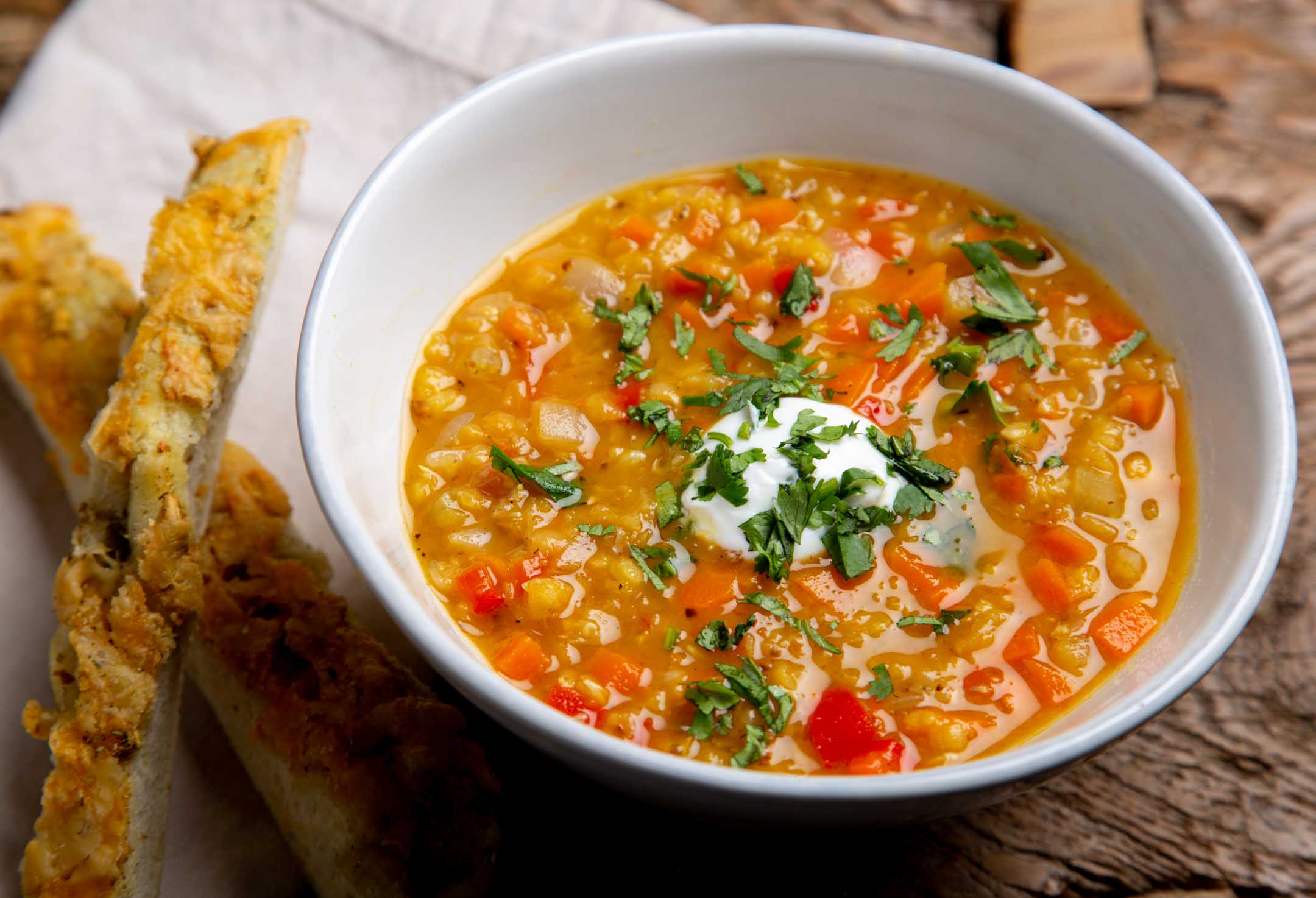 Coriander Red Lentil Soup with Herbed Garlic Breadsticks Recipe - The Reluctant Trading Experiment