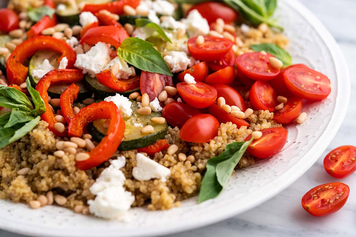 Roasted Vegetable Quinoa Salad with Feta and Pine Nuts